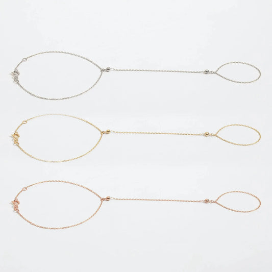 14K 18K Solid Gold Hand Chain Bracelet, Dainty Minimalist Beaded Ball Cable Chain Ring Bracelet, Yellow Rose White Gold Hand Harness for Her