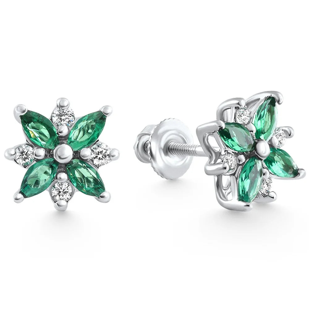 Pompeii 0.60 Ct Petal Green Emerald and Diamond Earrings in 14K White Gold with Lab-Grown Screw Back Closure