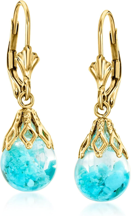 Turquoise Drop Earrings Set in 14K Yellow Gold