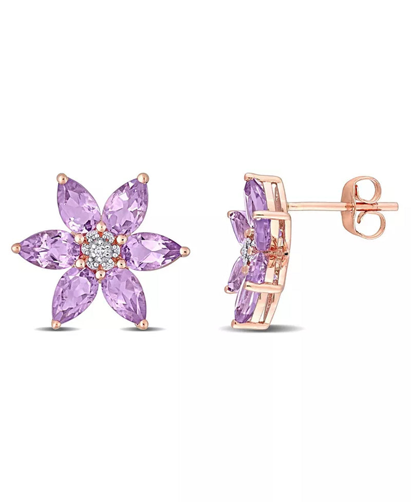 Amethyst and Diamond Floral Design Stud Earrings