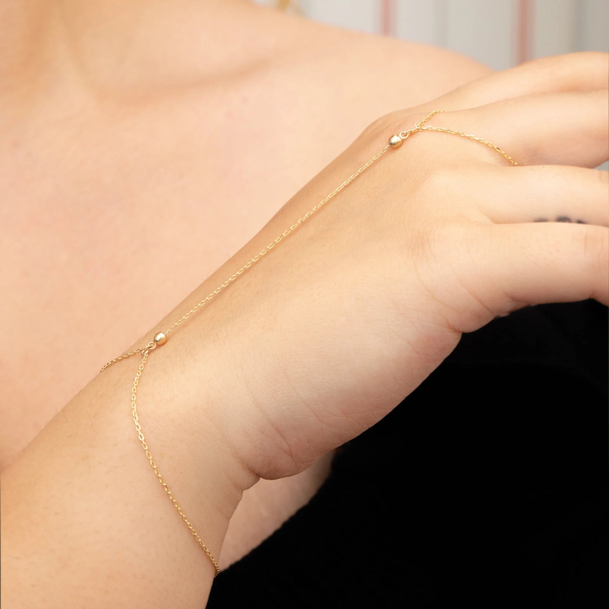 14K 18K Solid Gold Hand Chain Bracelet, Dainty Minimalist Beaded Ball Cable Chain Ring Bracelet, Yellow Rose White Gold Hand Harness for Her