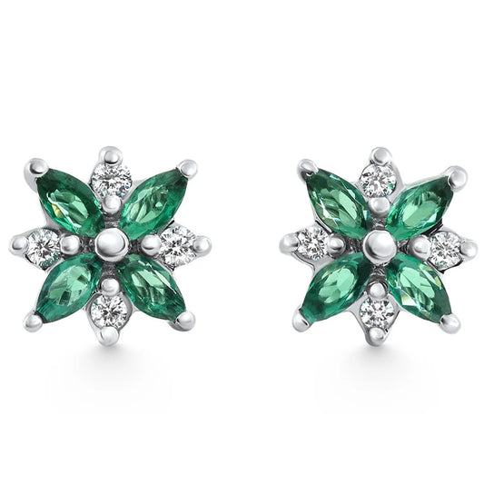Pompeii 0.60 Ct Petal Green Emerald and Diamond Earrings in 14K White Gold with Lab-Grown Screw Back Closure