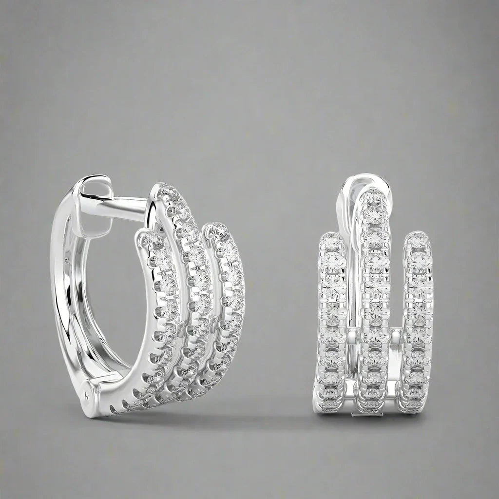 3/8 CTW Pave-Set Diamond Triple Row Huggie Earrings