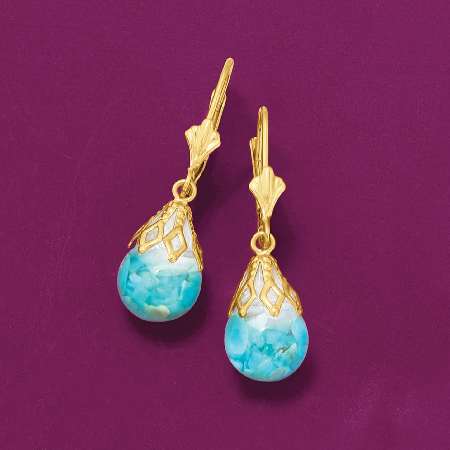 Turquoise Drop Earrings Set in 14K Yellow Gold