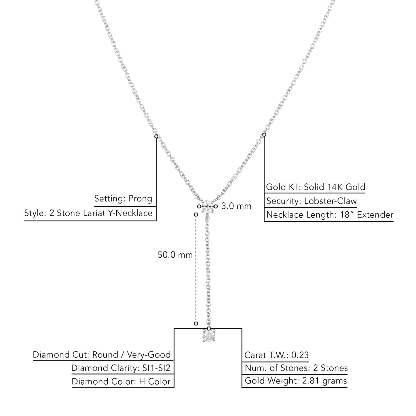 Drop Necklace for Women, Y-Shaped 14K Gold Chain Necklace with 0.23 CTW Diamonds of H-I Color and SI1-SI2 Clarity, Delicate 2 Stone Lariat Necklace for Her
