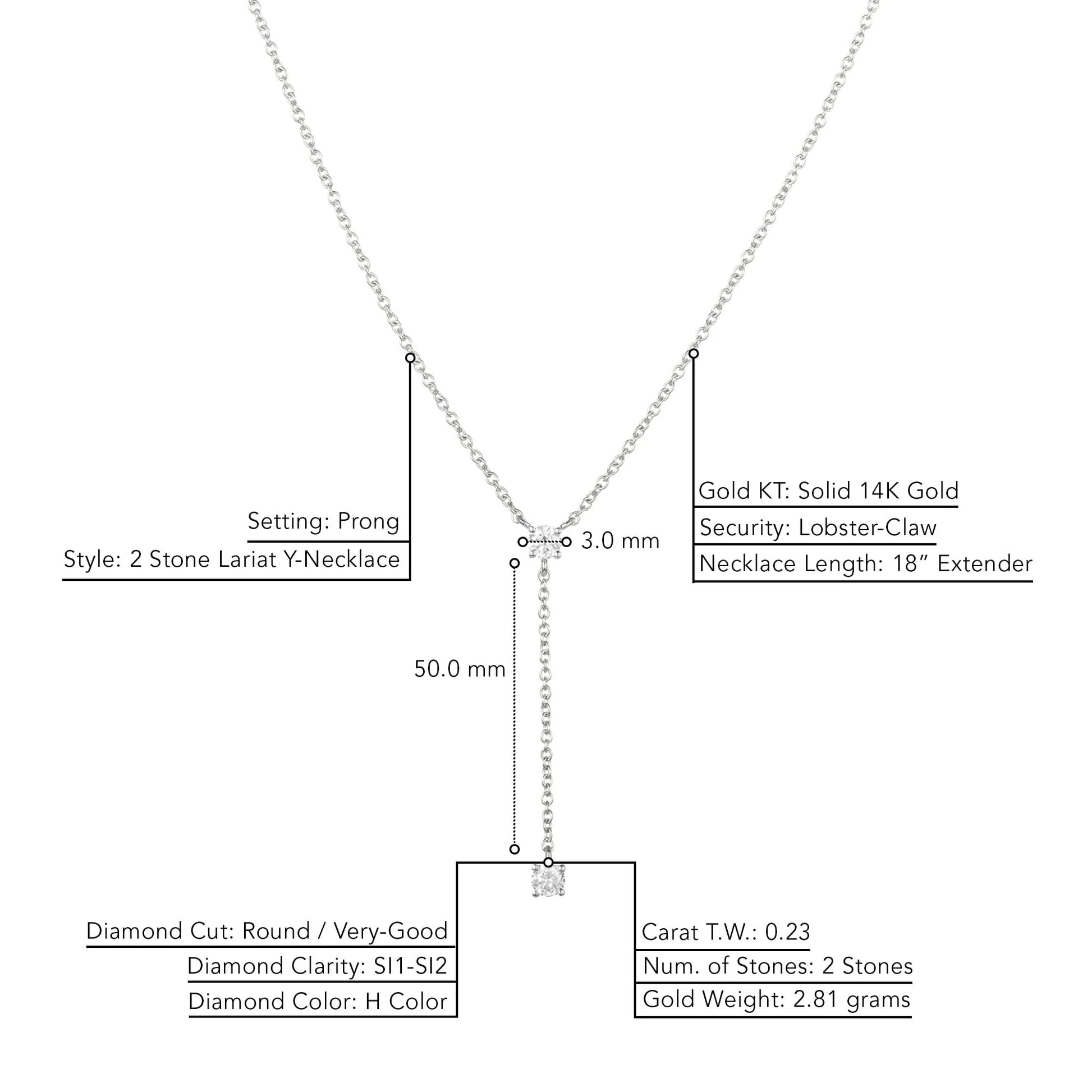 Drop Necklace for Women, Y-Shaped 14K Gold Chain Necklace with 0.23 CTW Diamonds of H-I Color and SI1-SI2 Clarity, Delicate 2 Stone Lariat Necklace for Her