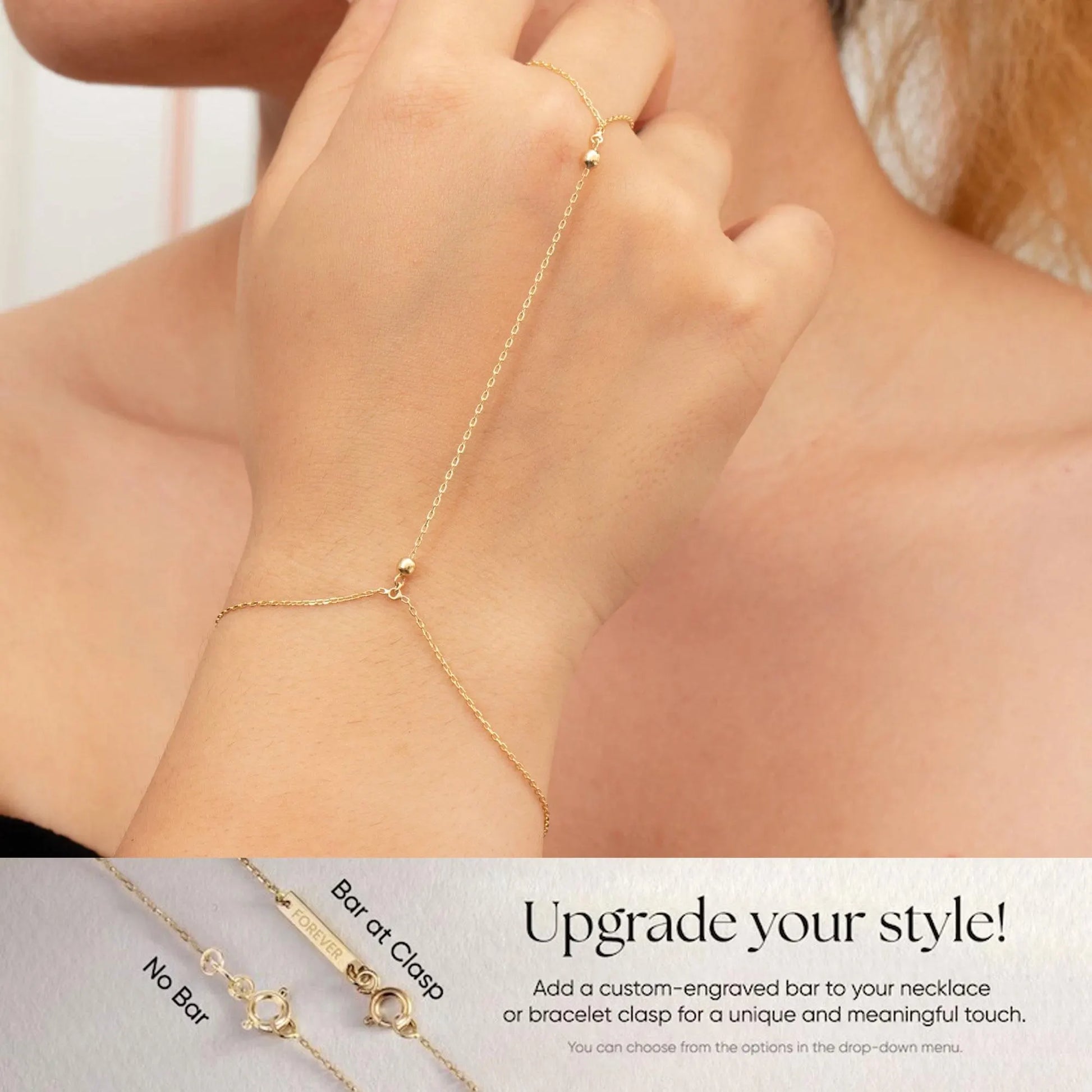 14K 18K Solid Gold Hand Chain Bracelet, Dainty Minimalist Beaded Ball Cable Chain Ring Bracelet, Yellow Rose White Gold Hand Harness for Her