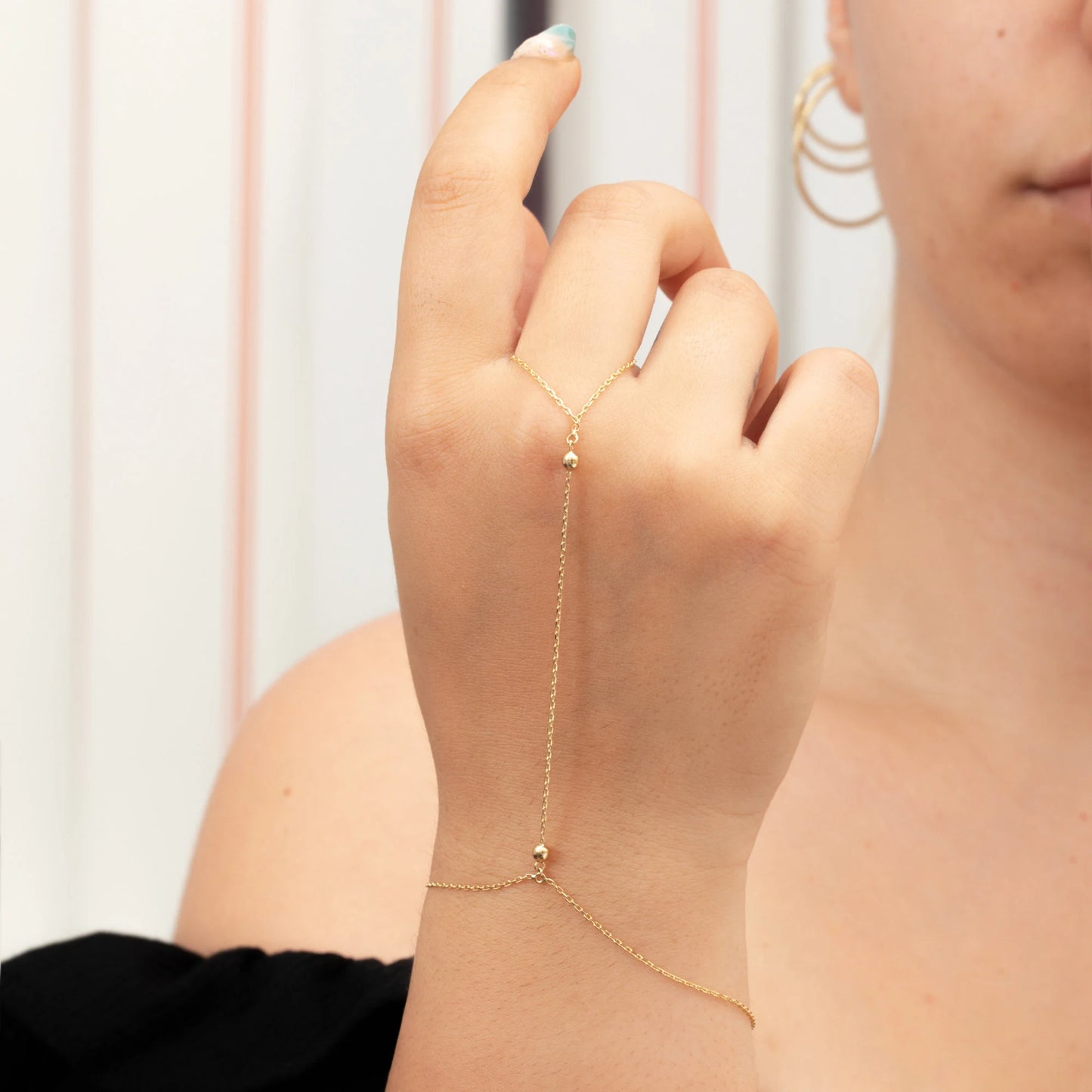 14K 18K Solid Gold Hand Chain Bracelet, Dainty Minimalist Beaded Ball Cable Chain Ring Bracelet, Yellow Rose White Gold Hand Harness for Her