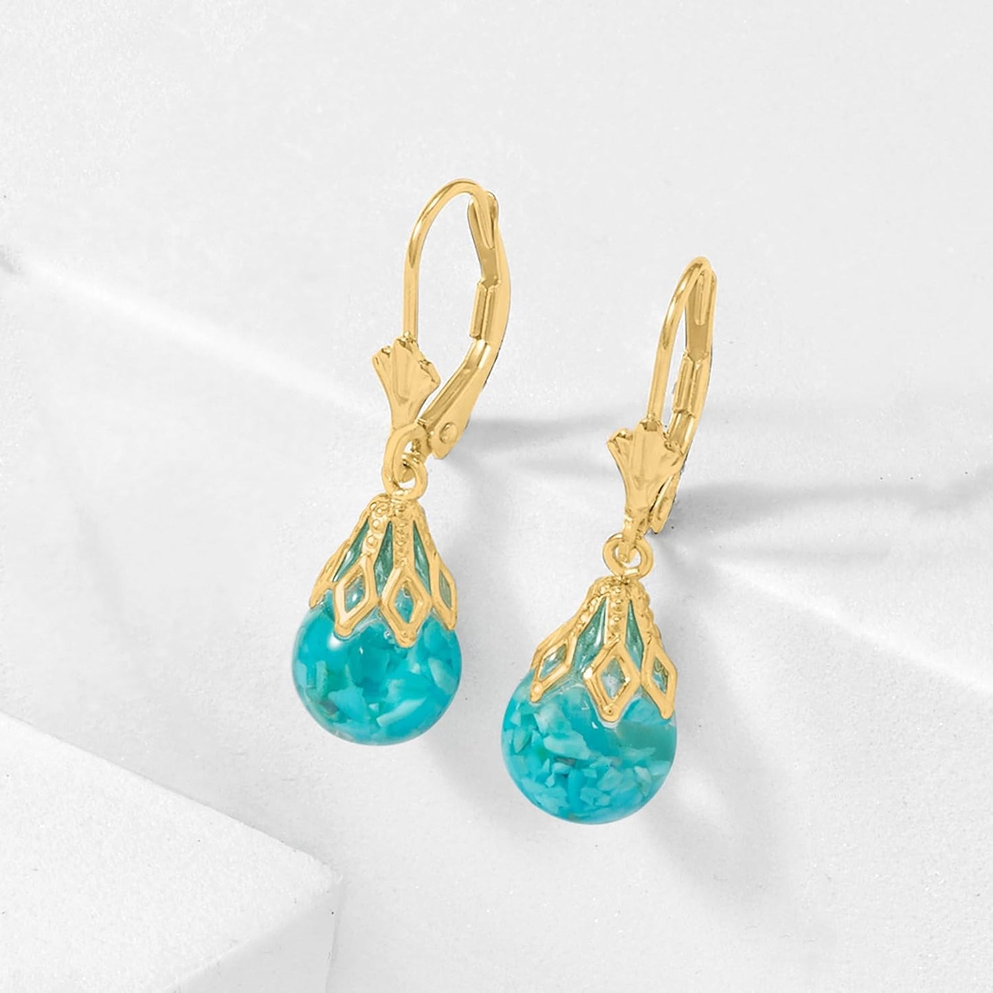 Turquoise Drop Earrings Set in 14K Yellow Gold