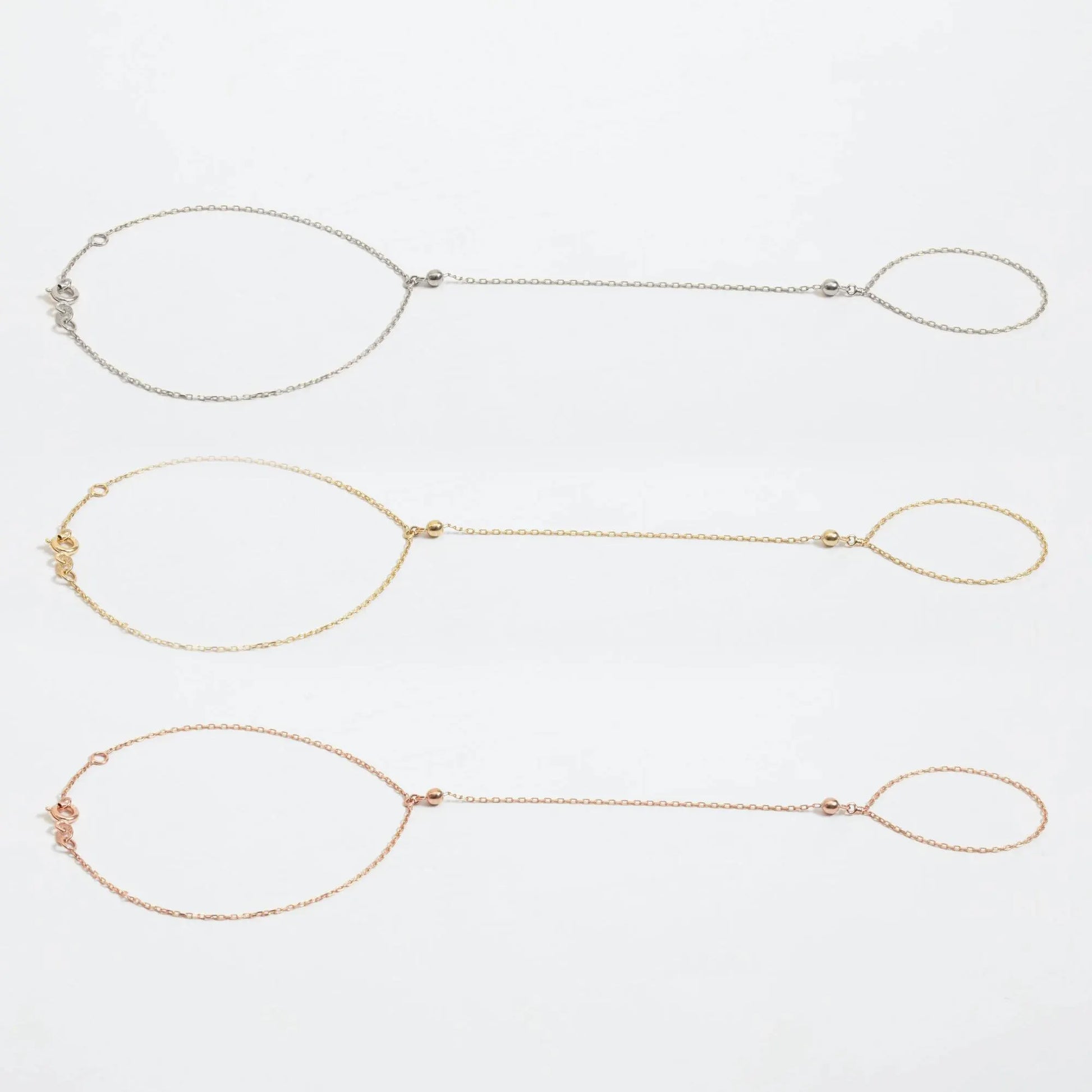 14K 18K Solid Gold Hand Chain Bracelet, Dainty Minimalist Beaded Ball Cable Chain Ring Bracelet, Yellow Rose White Gold Hand Harness for Her