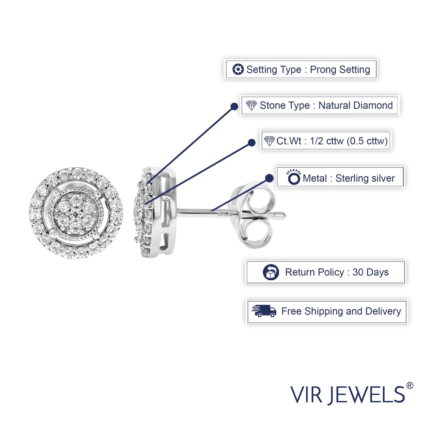 0.5 CTTW Round Diamond Stud Earrings in .925 Sterling Silver with Rhodium Finish for Women