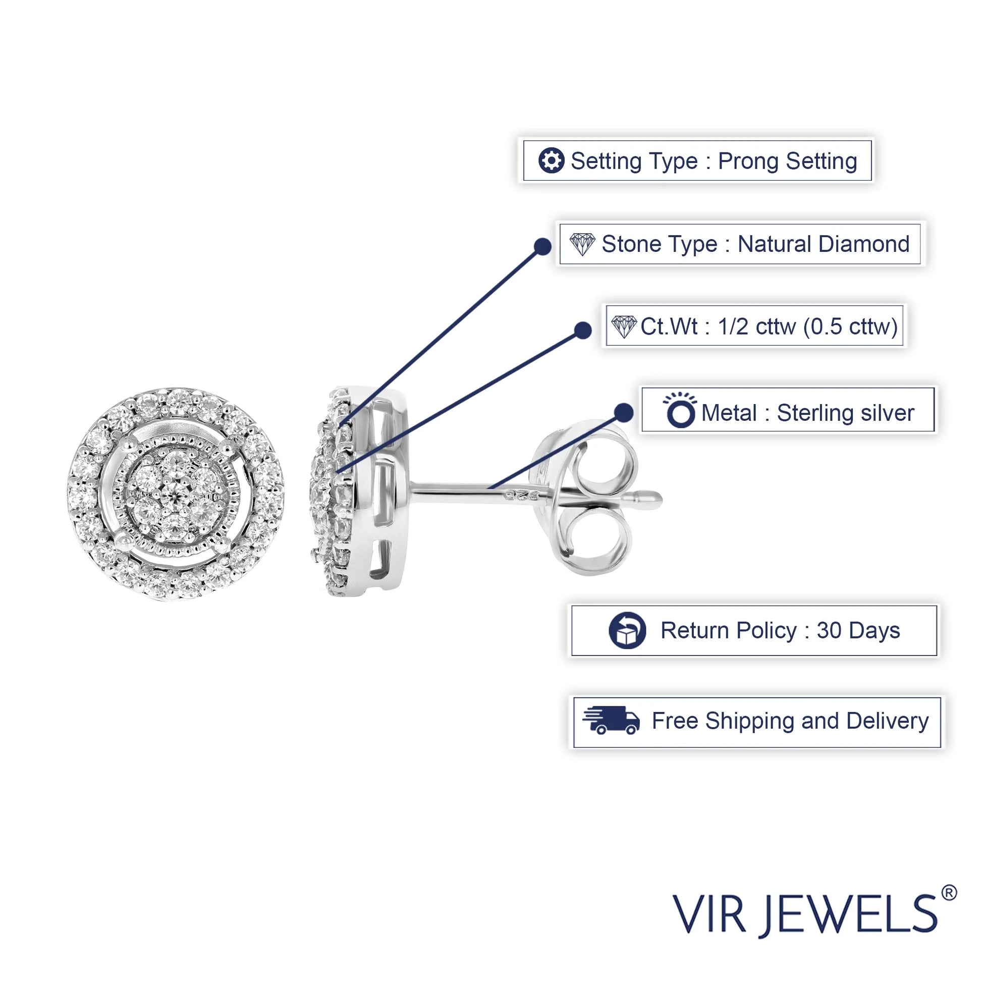 0.5 CTTW Round Diamond Stud Earrings in .925 Sterling Silver with Rhodium Finish for Women