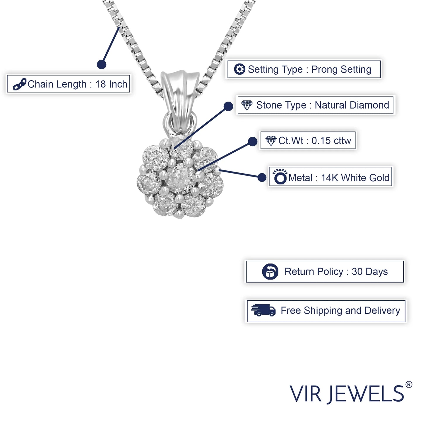 0.15 CTTW Diamond Pendant, Diamond Cluster Pendant Necklace for Women in 14K White Gold with 18 Inch Chain, Prong Setting for Female Adult