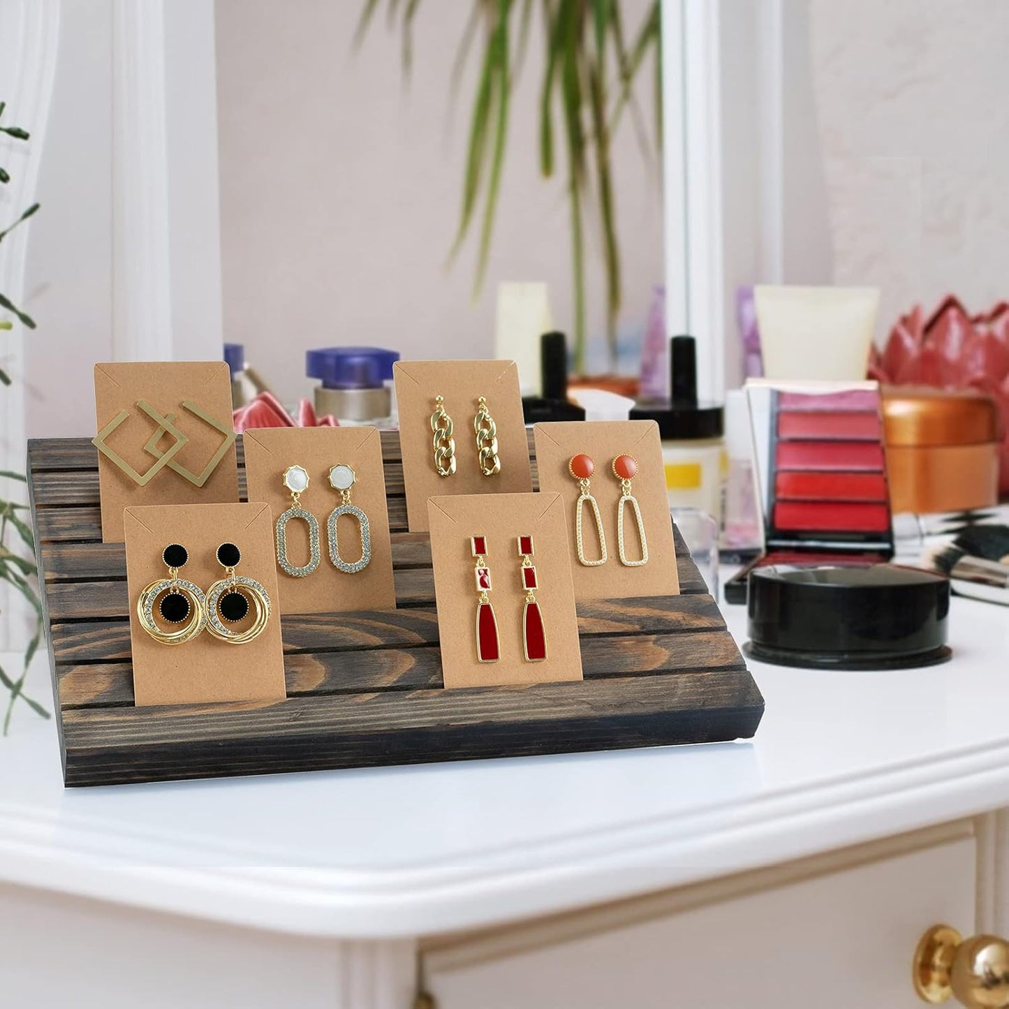 Wooden Earring Display Stands- Portable Wooden Earring Display Holder with 2 Detachable Pegs+ 200Pcs Earring Cardboard for Selling Earring Showing Jewelry Displaying Business Card (Brown)