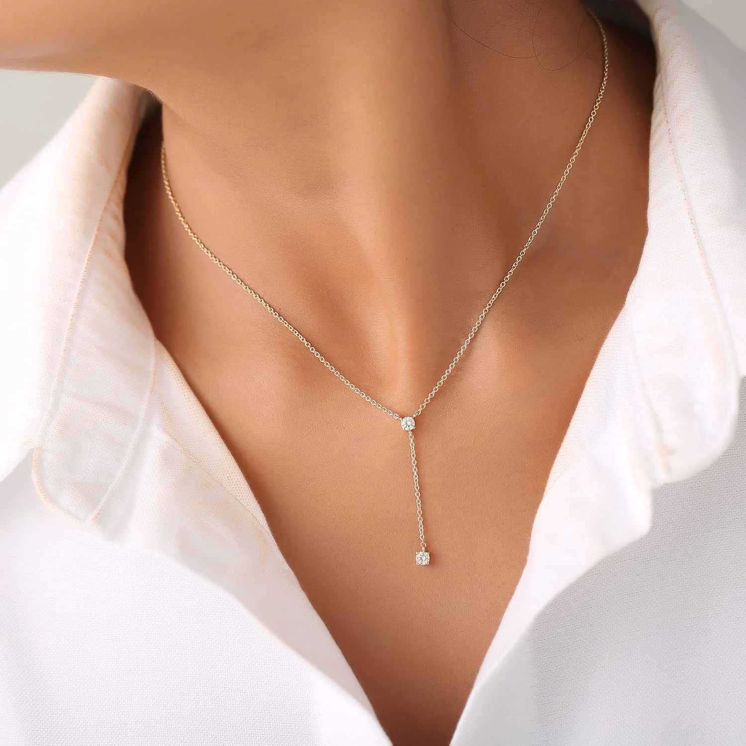 Drop Necklace for Women, Y-Shaped 14K Gold Chain Necklace with 0.23 CTW Diamonds of H-I Color and SI1-SI2 Clarity, Delicate 2 Stone Lariat Necklace for Her