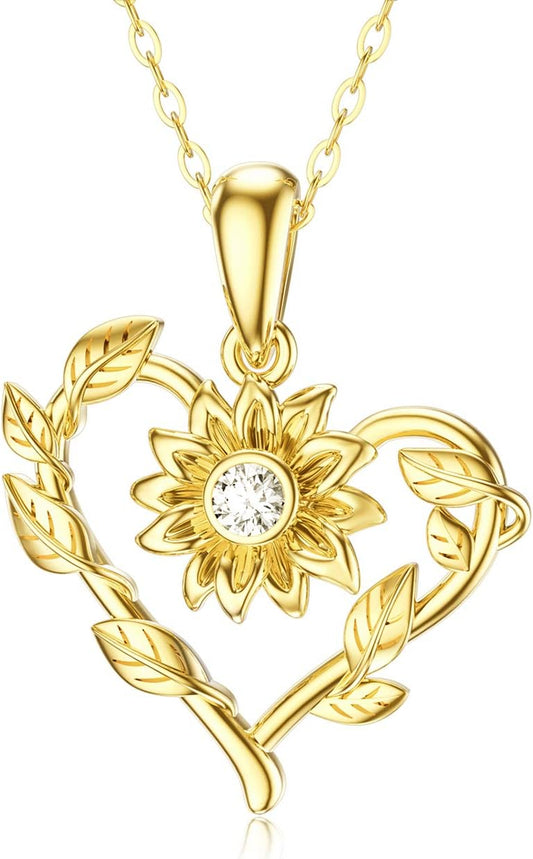 14K Solid Gold Heart-Shaped Pendant Necklaces for Women 8 Style Necklaces Gold Jewelry Present for Her (Style 3)