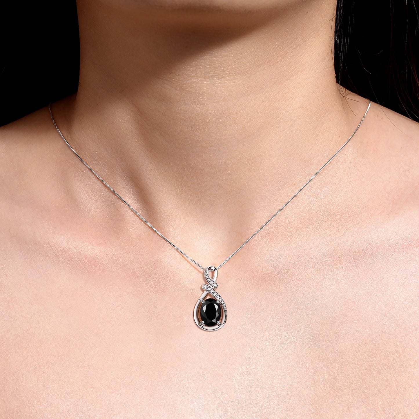 Necklace Sterling Silver Classic Designer Necklace Gemstone & Diamonds Pendant with 18" Chain 9X7MM Faceted Onyx October Birthstone Womens Jewelry Silver Necklace