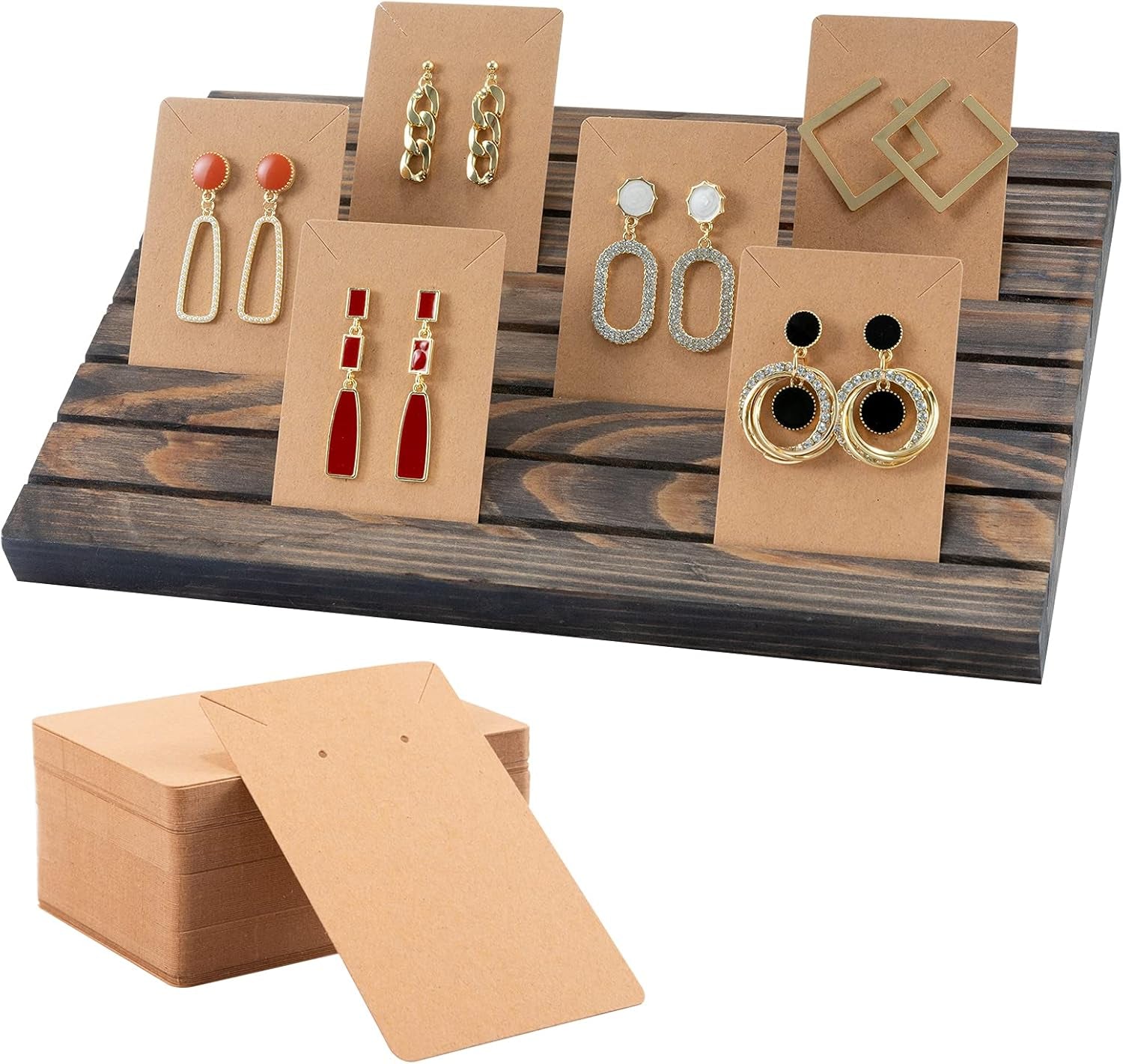 Wooden Earring Display Stands- Portable Wooden Earring Display Holder with 2 Detachable Pegs+ 200Pcs Earring Cardboard for Selling Earring Showing Jewelry Displaying Business Card (Brown)