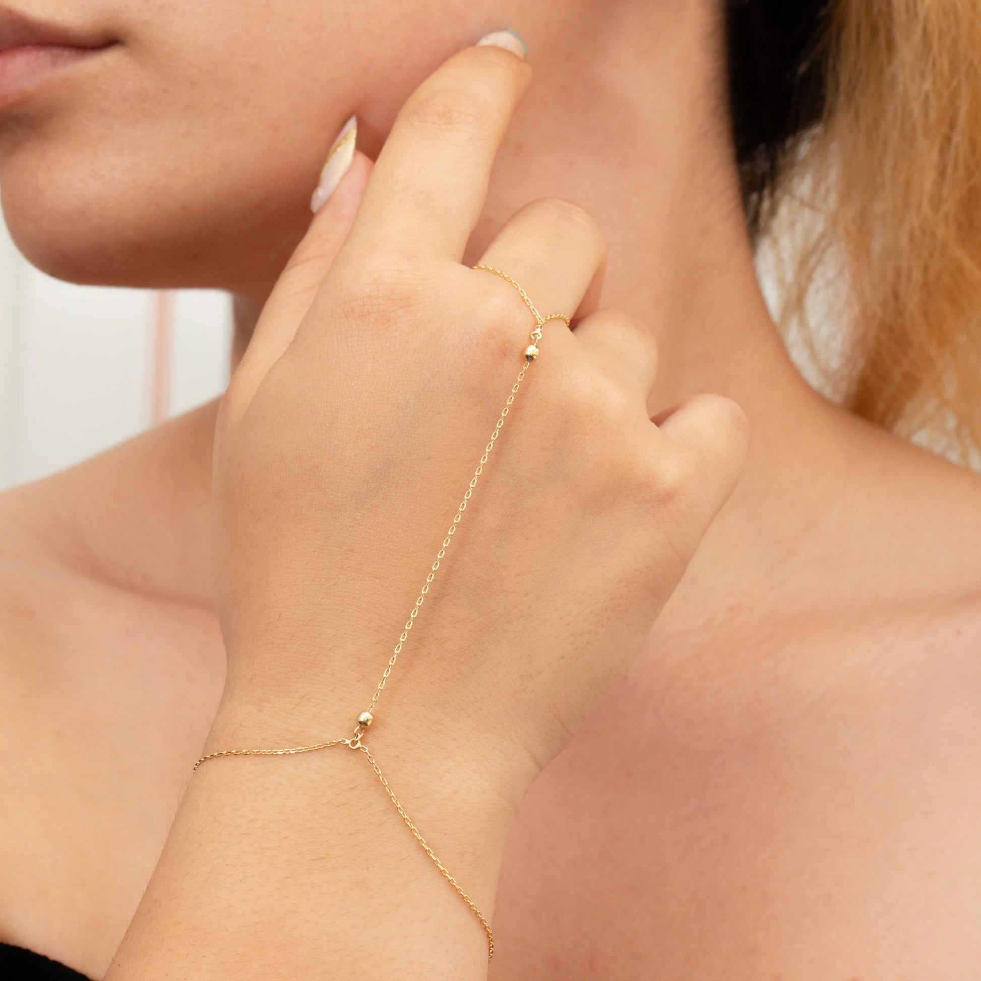 14K 18K Solid Gold Hand Chain Bracelet, Dainty Minimalist Beaded Ball Cable Chain Ring Bracelet, Yellow Rose White Gold Hand Harness for Her