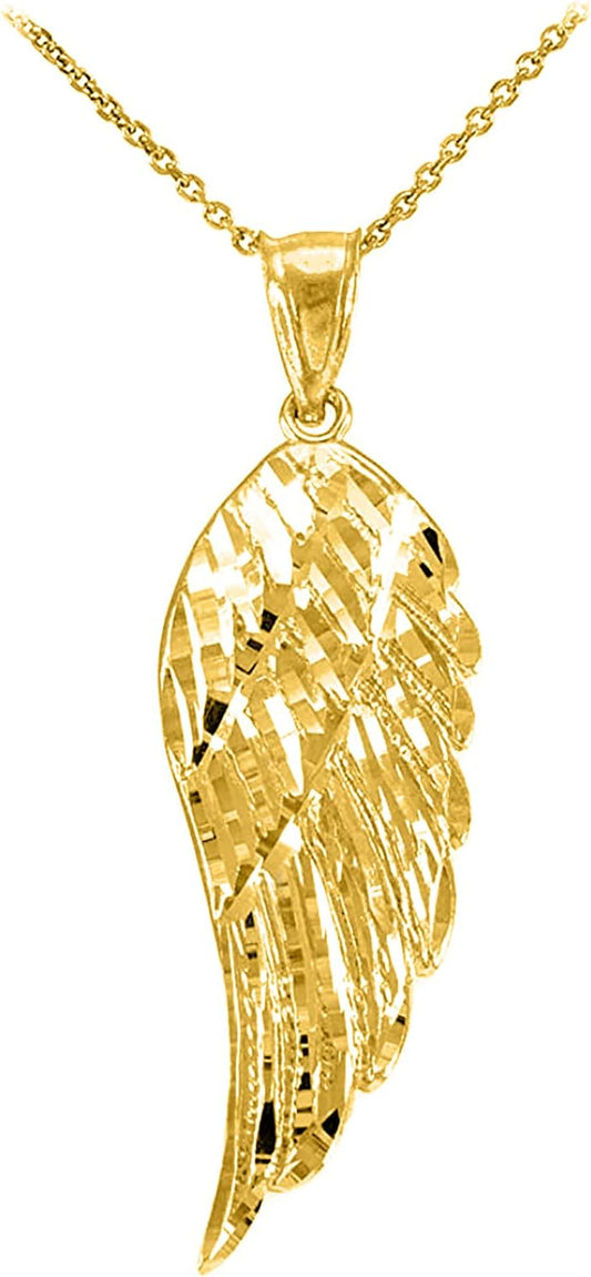 Religious Jewelry 14K Yellow Gold Dangling 1-1/5" Angel Wing Charm Pendant Necklace with Rolo Chain - Your Choice of Chain Lengths