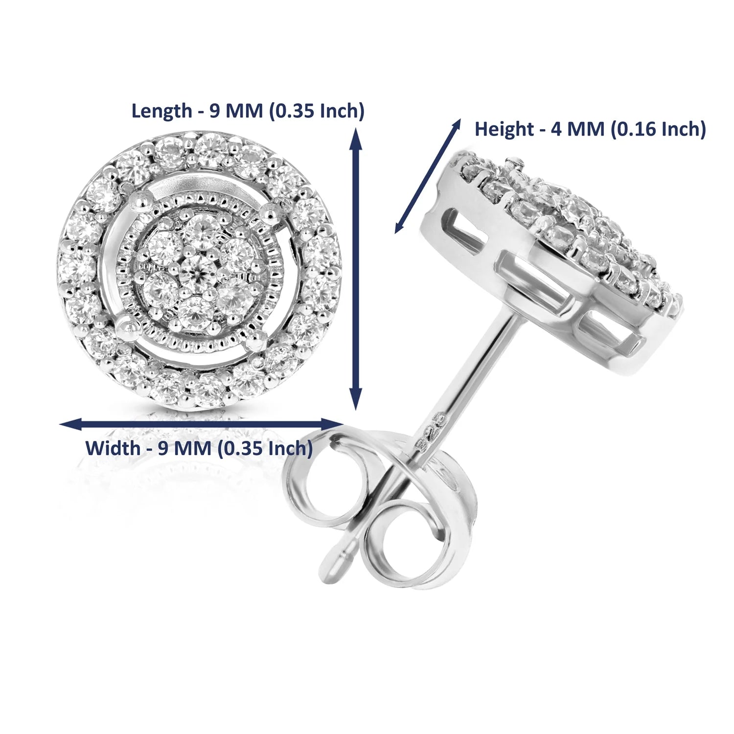 0.5 CTTW Round Diamond Stud Earrings in .925 Sterling Silver with Rhodium Finish for Women