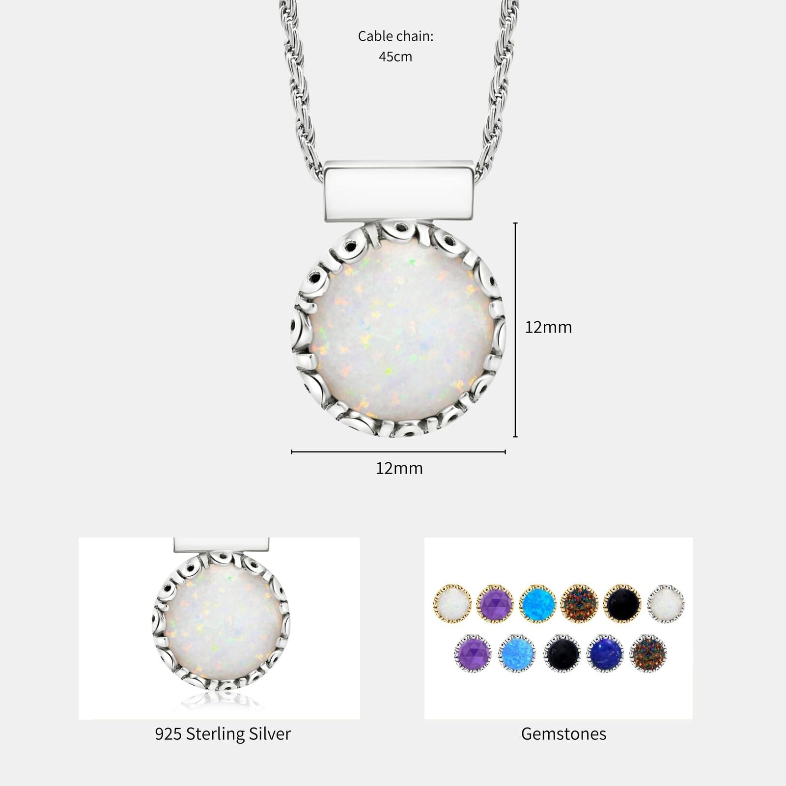 925 Sterling Silver White Opal Necklace - 12Mm round White Opal Necklace for ...