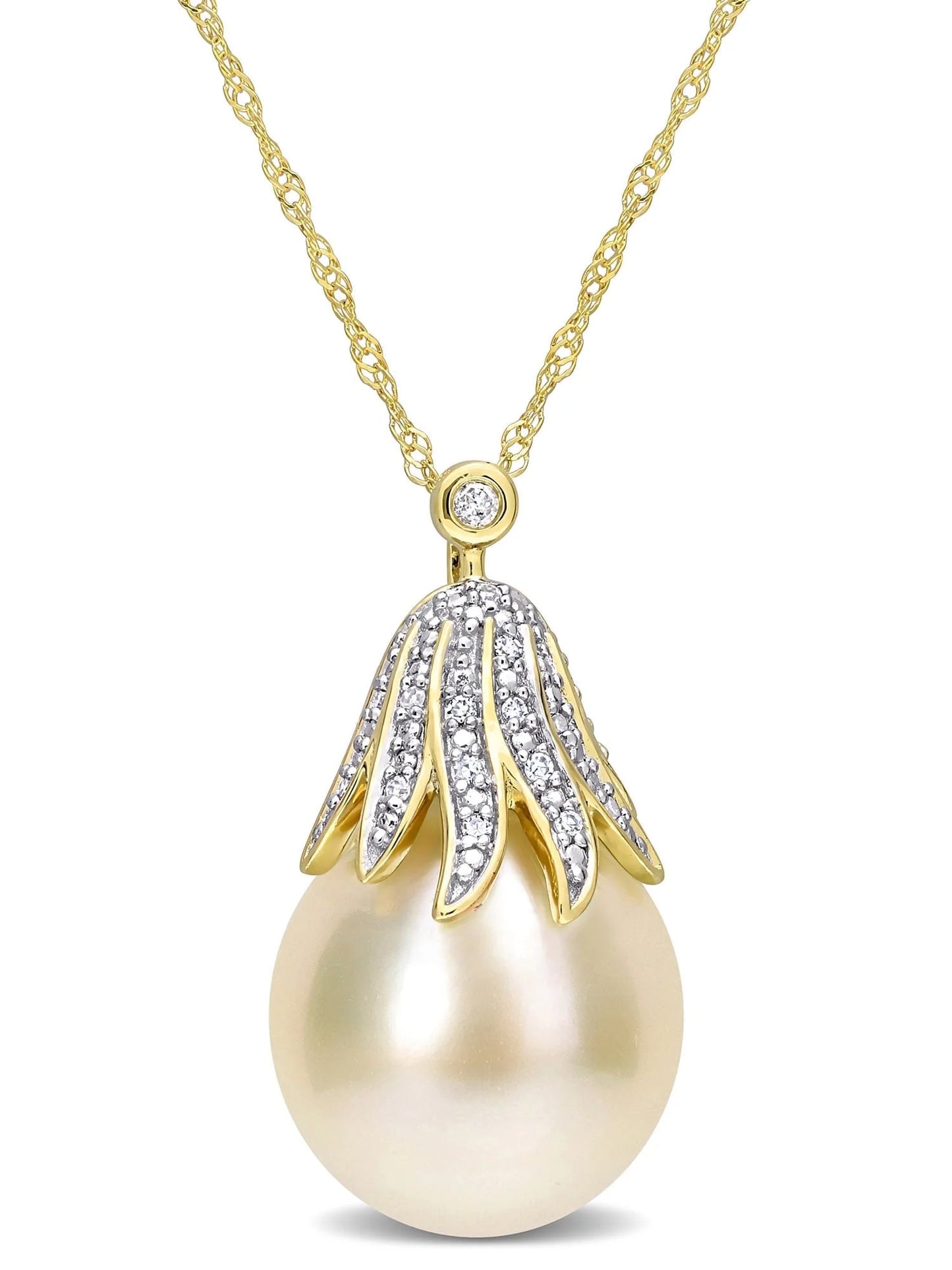 Women'S Cultured Pearl and Diamond 14K Yellow Gold Necklace