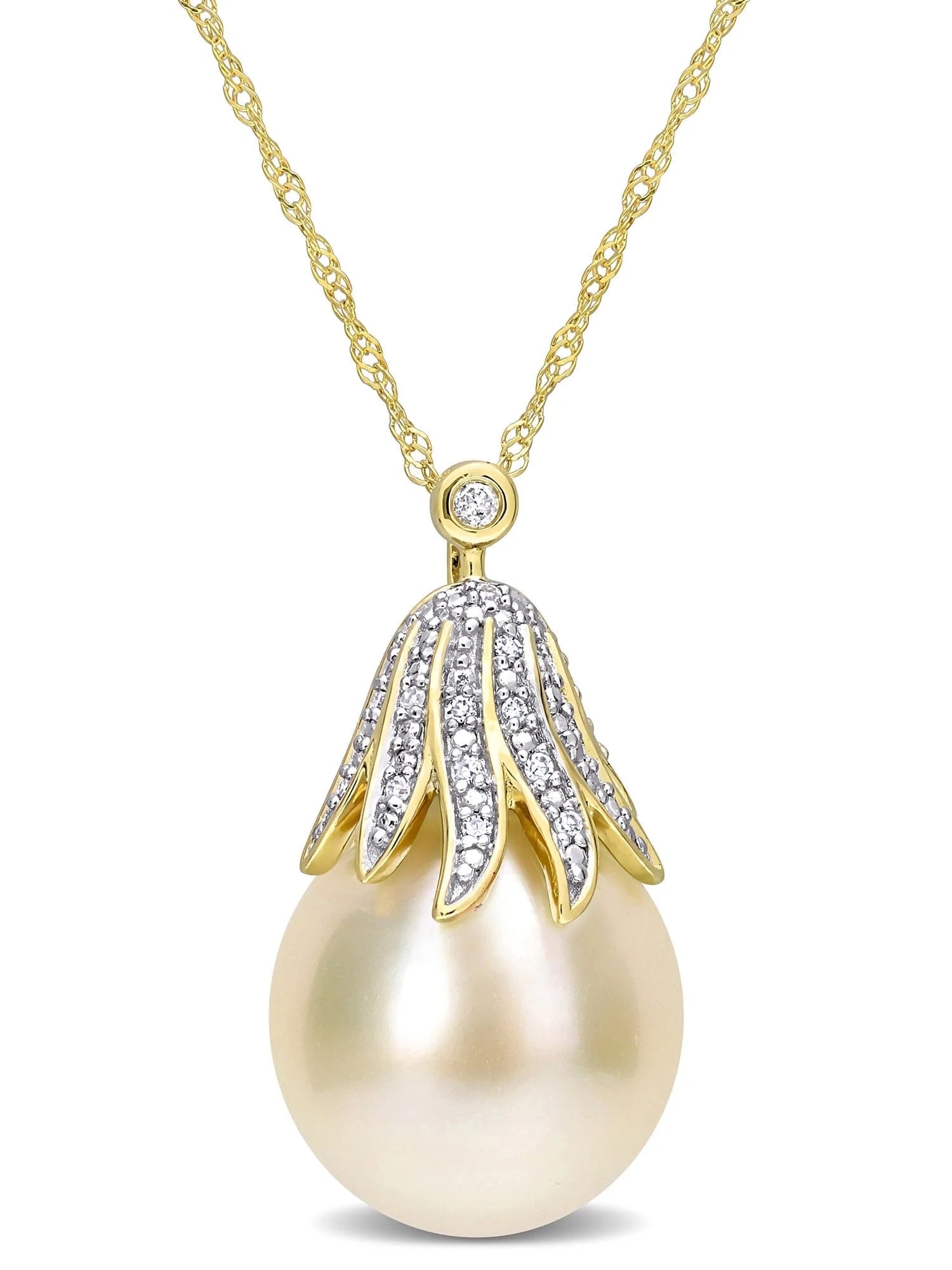 Women'S Cultured Pearl and Diamond 14K Yellow Gold Necklace
