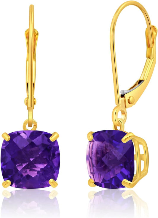 14K White or Yellow Gold Cushion Cut Gemstone Dangle Earrings for Women Featuring 8mm Birthstones